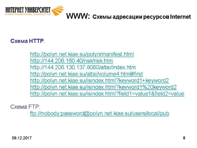 09.12.2017 8 WWW: Схемы адресации ресурсов Internet Схема HTTP.     http://polyn.net.kiae.su/polyn/manifest.html